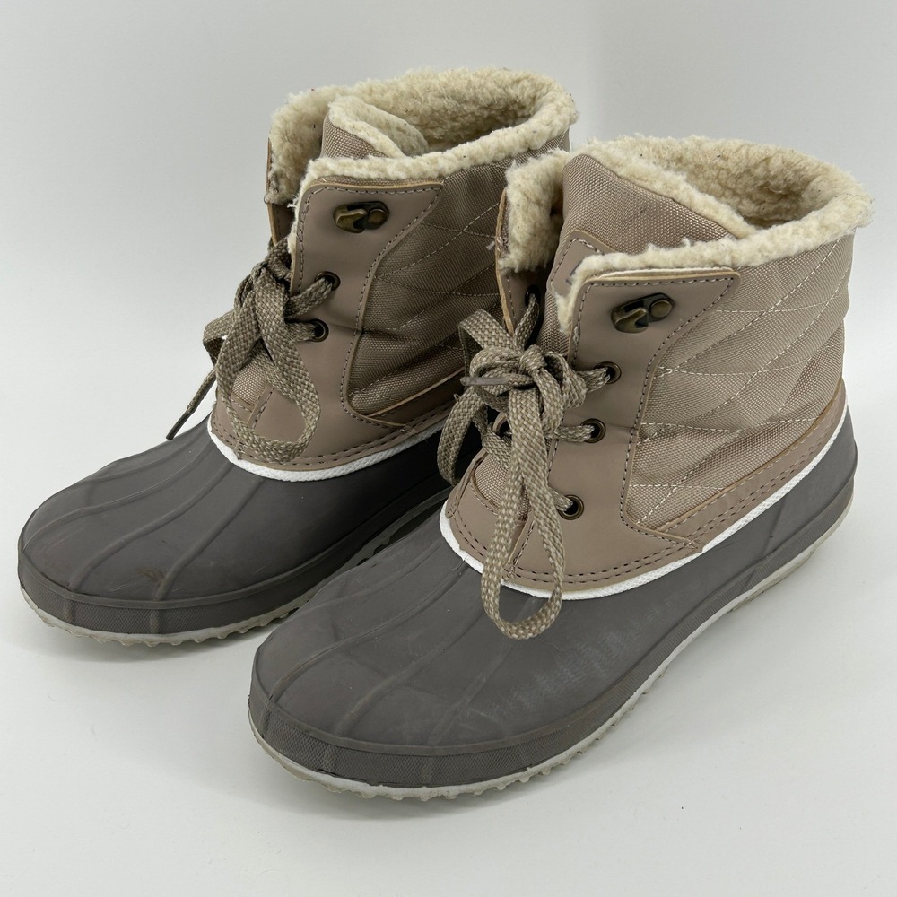 Khombu Tan Grey Quilted Sherpa Lined Duck Boots Winter Waterproof Snow Women 8